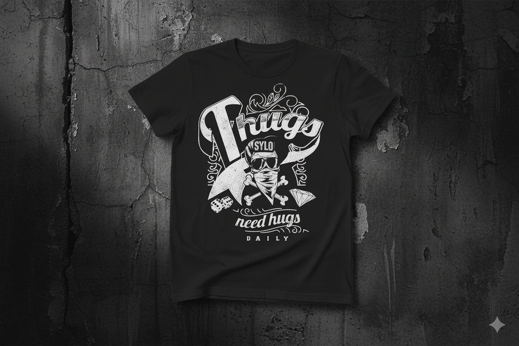 Thugs Need Hugs tee against dark gritty urban background